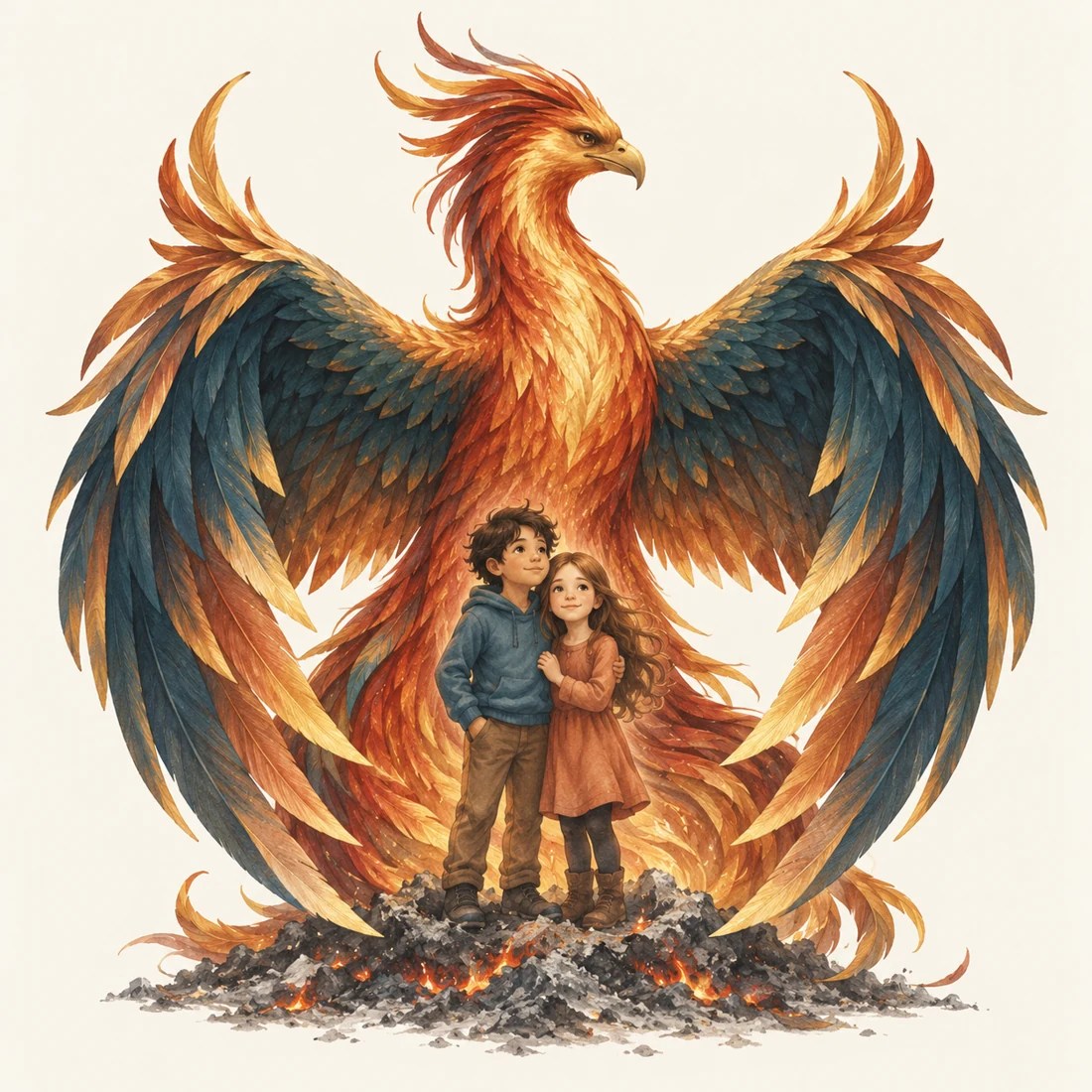 Illustration d’un phénix aux ailes déployées autour de deux enfants, symbole de renaissance et de protection.